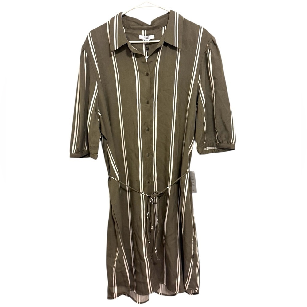 BB Dakota Olive Green White Striped Midi Shirt Dress Button Front Tie Waist NWT